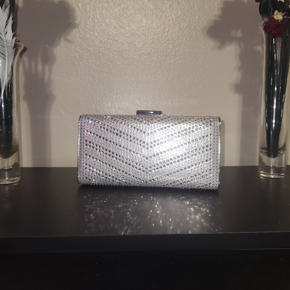 Silver Crystal-Embellished Evening Clutch